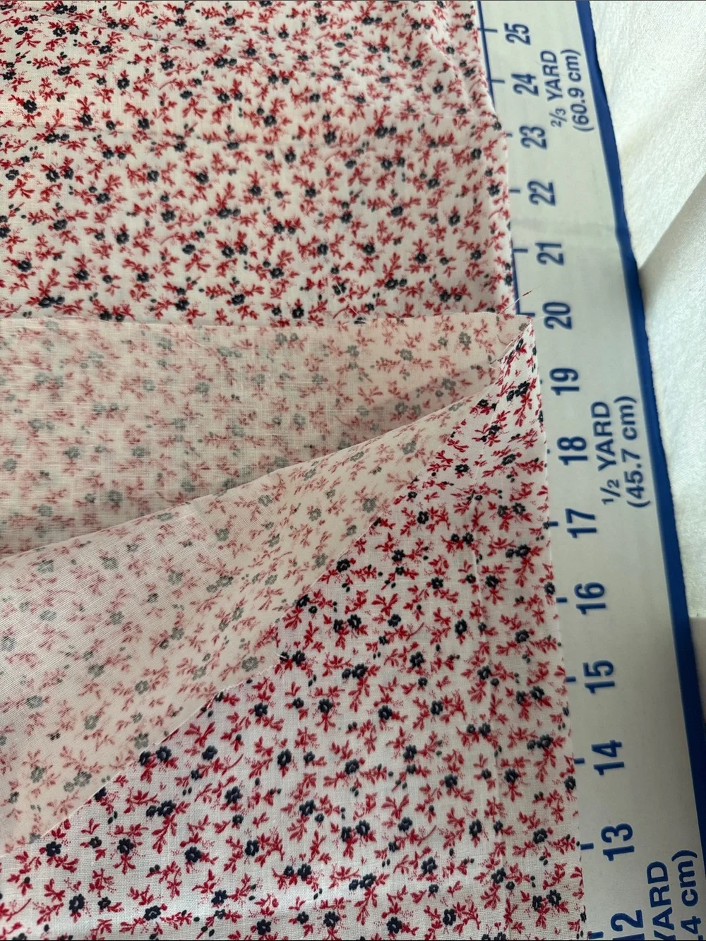 Vintage 1970s Calico Fabric 3 Yards Red Navy Floral Cream Cotton Blend 44”